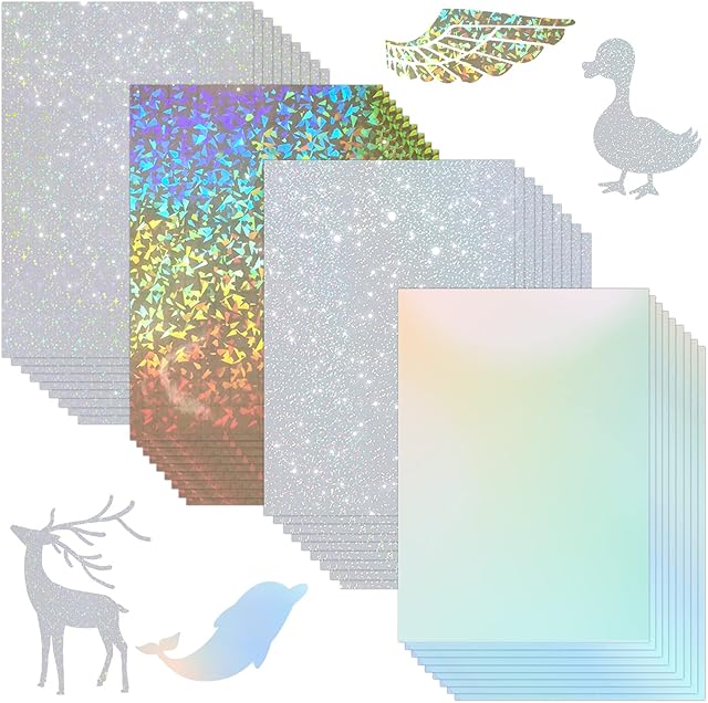 36 Sheets Holographic Laminate Film Waterproof Vinyl sticker, Windspeed Transparent Holographic Overlay Lamination With Gem Spot Rainbow Star 4 Patterns, 21×30cm Self Adhesive Holographic Craft Film