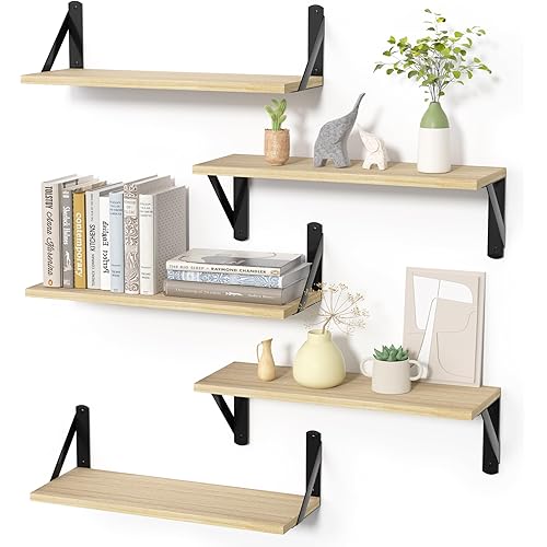 upsimples Floating Shelves for Wall Decor Storage, Natural Bookshelf with Black Bracket Set of 5, Sturdy Wall Shelves Hanging for Bedroom, Bathroom, Living Room, Kitchen, Office, Corner