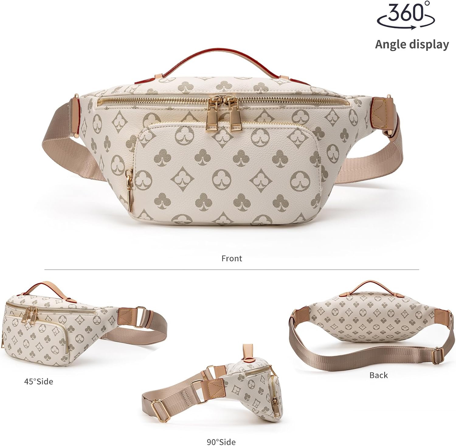 Women's Vintage Pattern Fanny Pack, Brown Waist Bag, Convertible Crossbody with Adjustable Strap, Gold Hardware (899PKW)