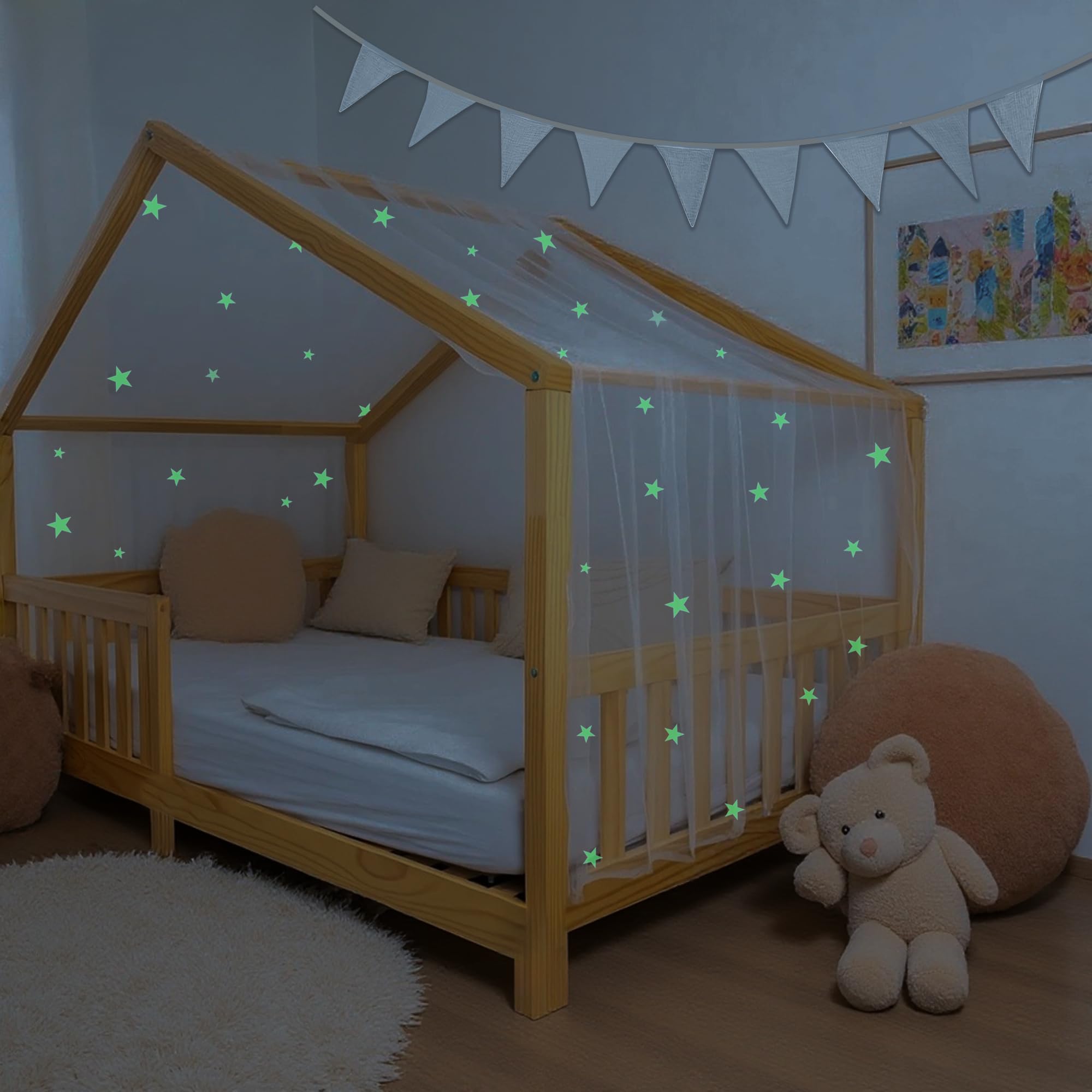 Hook Hausbett Himmel Betthimmel für Hausbett Kinder – Leuchtender Sternenhimmel Stoffhimmel für Hausbett Deko für Mädchen & Jungen – Himmel für Hausbett & Bodenbett (Weiß, H135 x B420 cm (1er Pack))