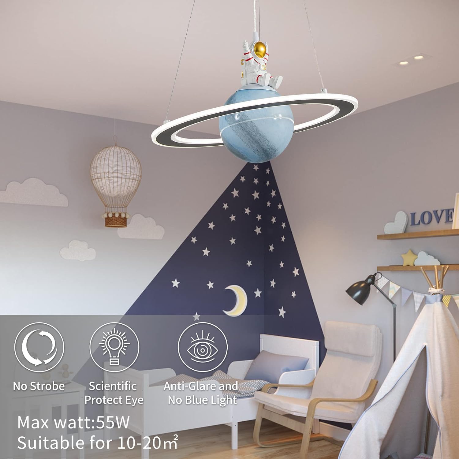 Astronaut Hanging Lamps, Creative LED Chandeliers with Pendant Dimmable Planet Light for Kids Room, Boys Room, Nursery, Toys Room - 19''/50W