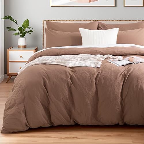 NEXHOME PRO Duvet Cover Set Queen Size Linen Textured Organic Natural 100% Washed Cotton Duvet Cover Mocha Brown 3 Pieces Bedding Set with Zipper Closure, Breathable, Soft (No Comforter)