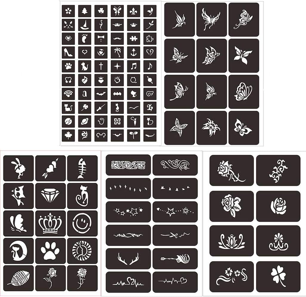 Henna Stencil for Semi Permanent Tattoo Jagu and Glitter Tattoo, Body Face Painting Stencil, Glitter Tattoo Stencils, 5 Sheets 102 Different Design Butterfly Rose Stars …