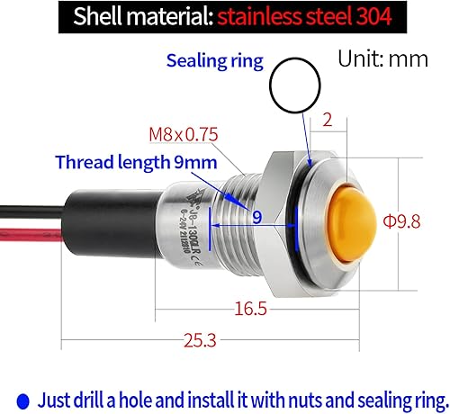 Miniatura 26 de 2 mini luces indicadoras de 0.315 in 0.31 pulgadas, 12 V-24 V, LED rojo, impermeable, IP67, cúpula, cabeza alta, lámpara de señal de acero