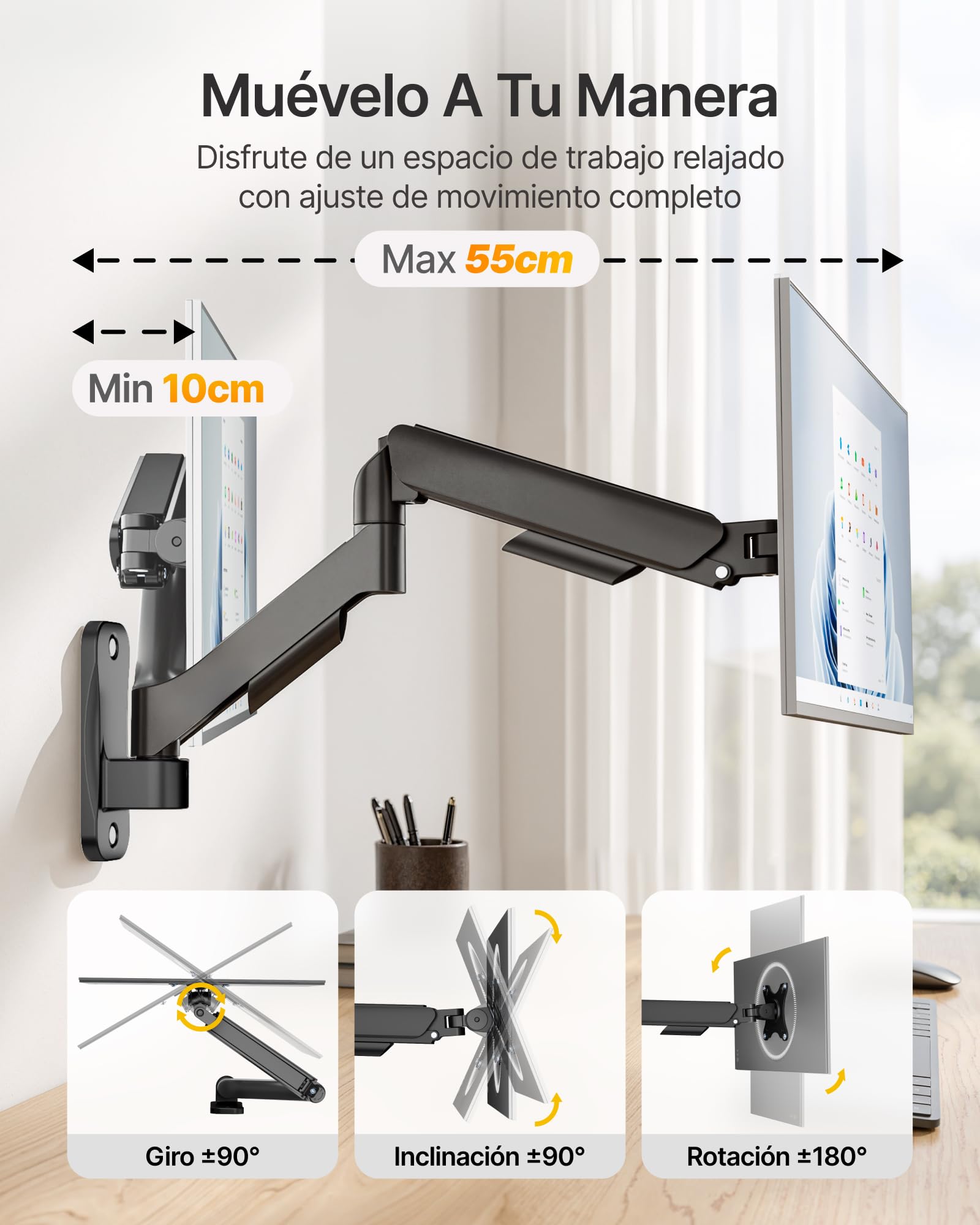 monTEK Soporte de pared para monitor individual para pantallas planas/curvadas de 17 a 32 pulgadas, soporta hasta 20 libras, brazo de monitor mecánico ajustable de movimiento completo, soporte de