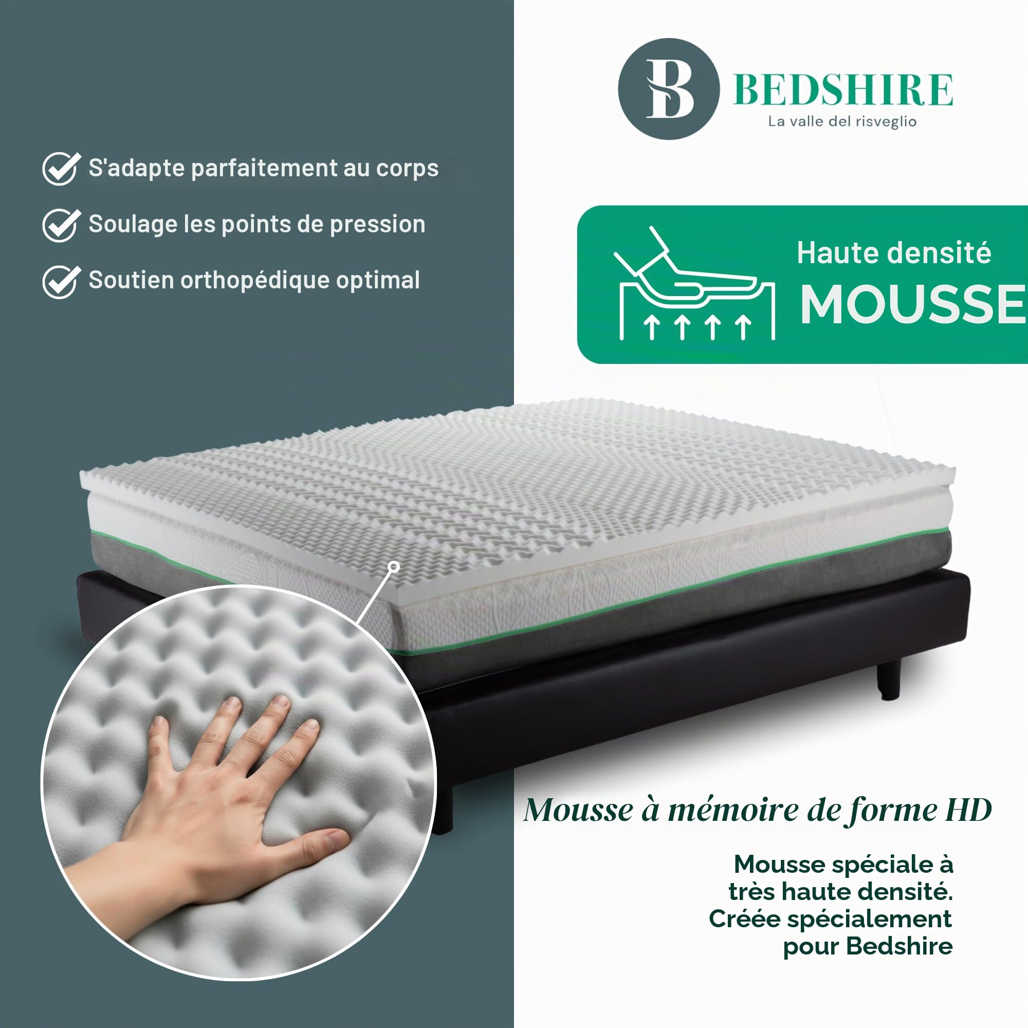Bedshire Surmatelas Correcteur Français 140 x 200 en Mousse à Mémoire de Forme, Hauteur 6 cm, avec Revêtement Déhoussable Futon Orthopédique, Fabriqué en Italie