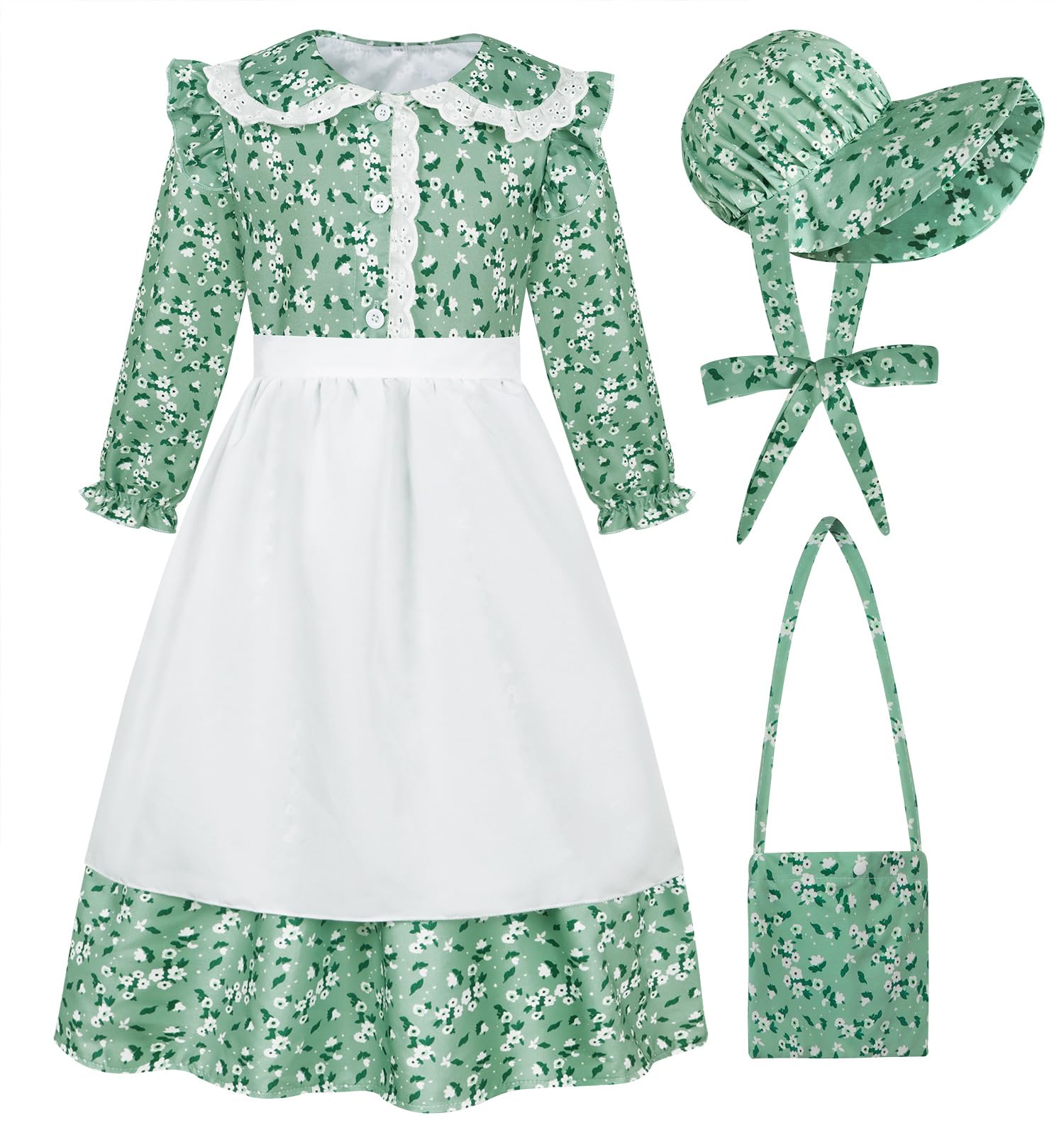 COTRIO Pioneer Dresses for Girls Colonial Costume Prairie Dress Floral Pioneer Costumes with Apron & Bonnet Halloween Outfits
