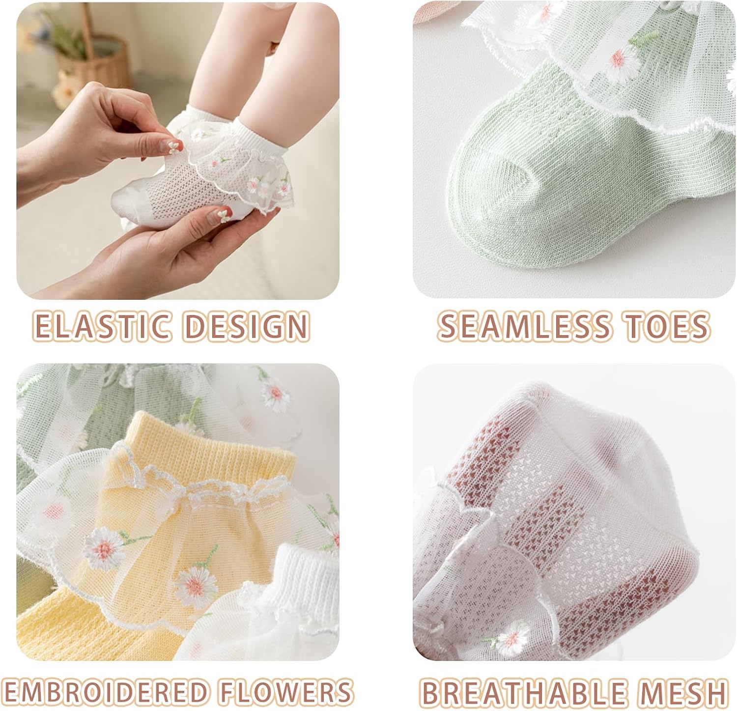 Baby Girls Lace Ankle Socks with Floral Embroidery | Cute Ruffle Princess Dress, Cotton, Newborn Infant Toddler