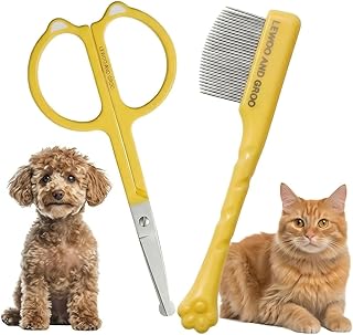 Pet Face Grooming Kit, Curved Tear Stain Comb with Fine Teeth, Round-Tip Safety Scissors, Cat Ear Design, for Dogs and Cats, Yellow, 2-Piece Set (Vibrant Yellow, cat)