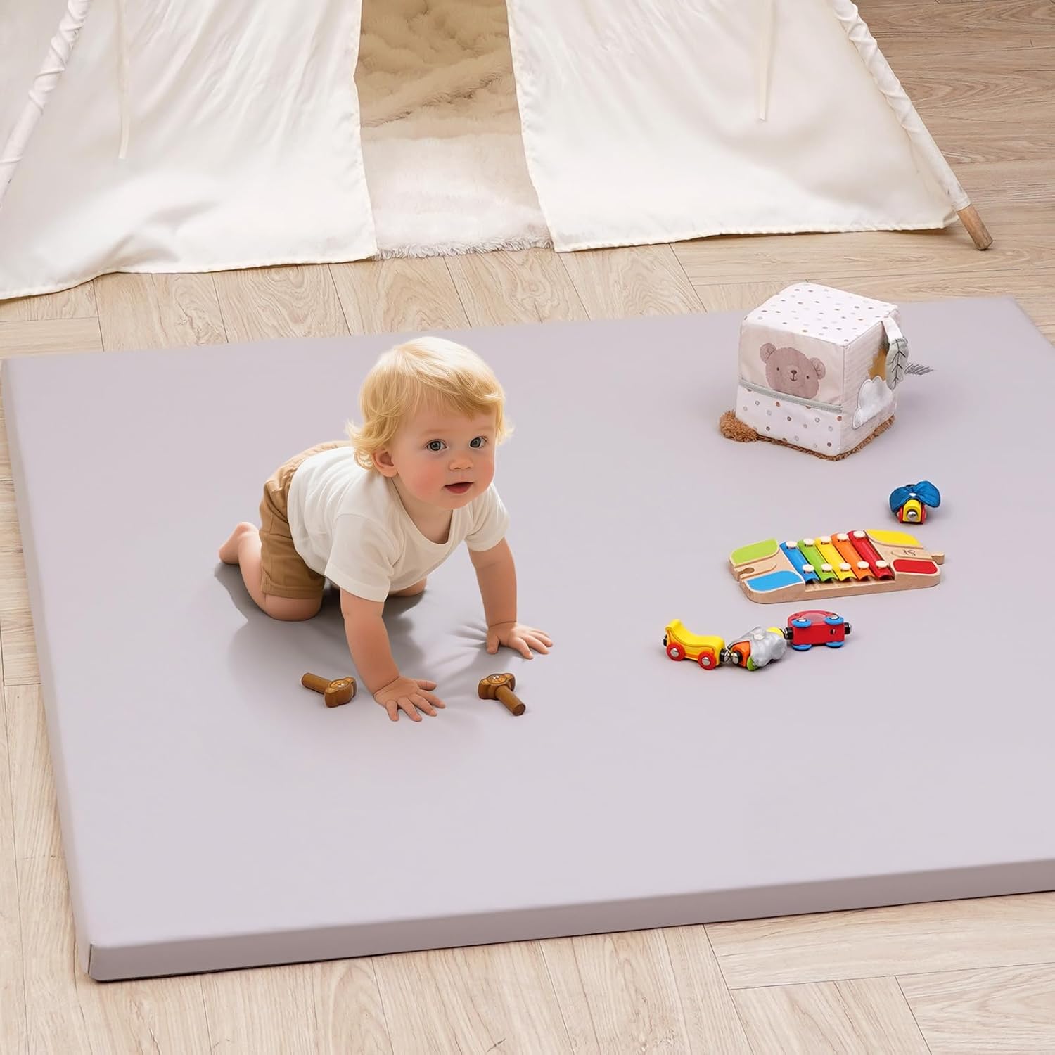 INNO STAGE Baby Play Mat, 50x50 Inch Thick Foam Waterproof Floor Mat with Pu Leather, Non-Toxic Cushioned Activity Mat for Babies & Toddlers, Playpen Gym Mat, Easy Wipe Clean,