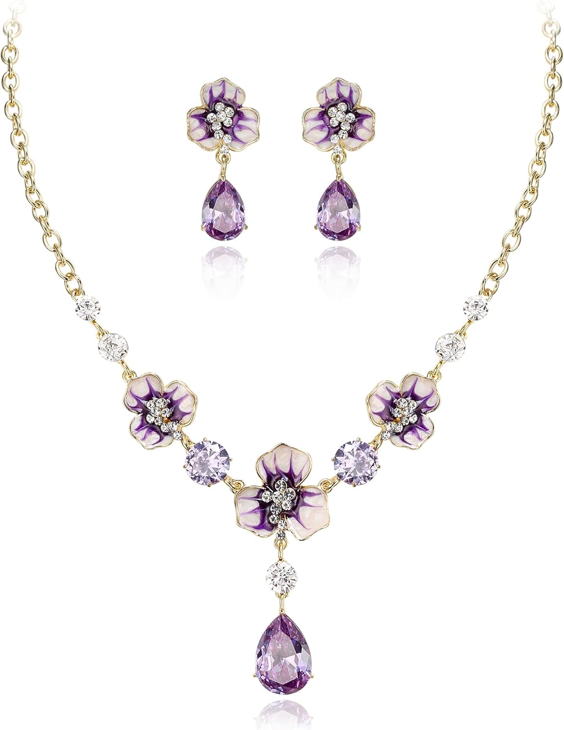 EVER FAITH Women's Costume Jewelry Sets, Zircon Crystal Enamel Flowers Tear Drop Pendant Necklace Earrings Set