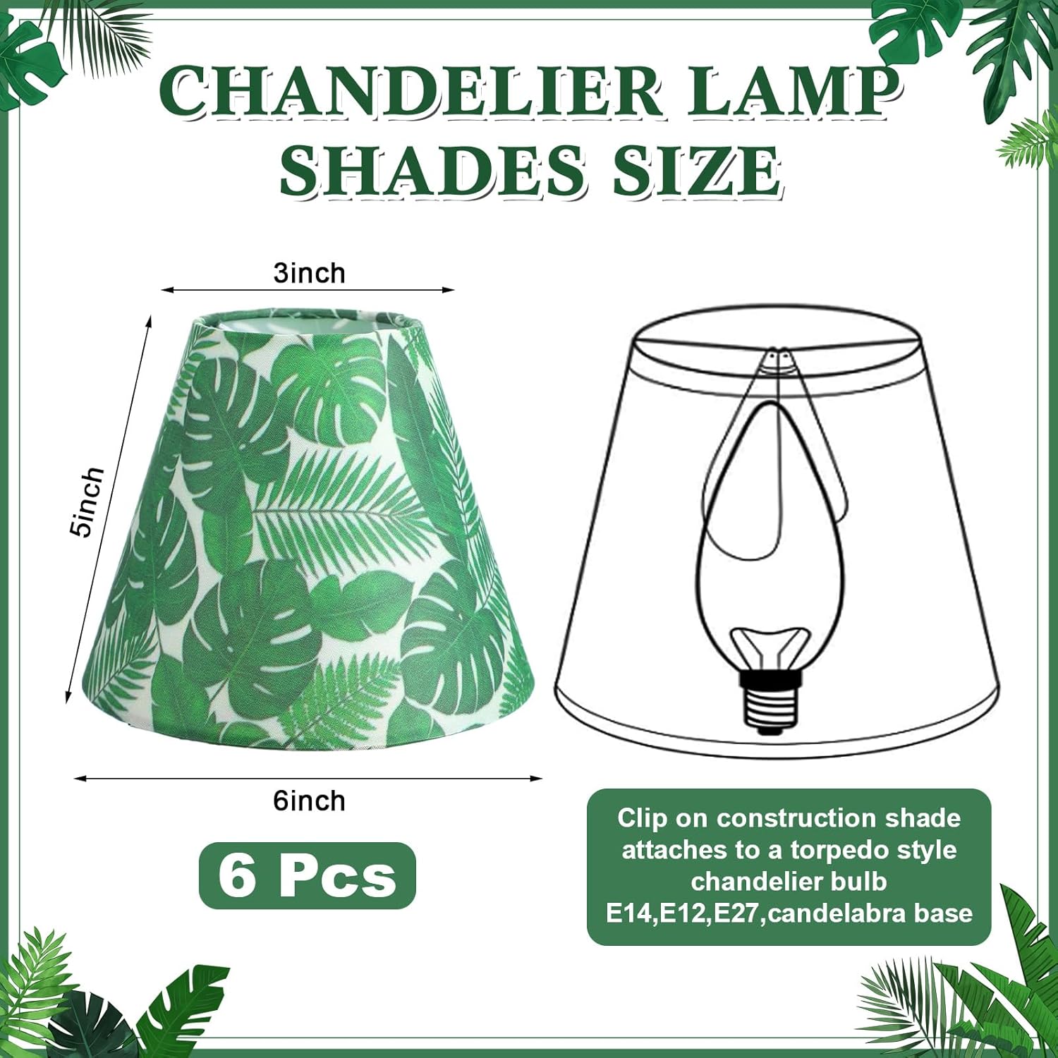 VIHOSE 6 Pcs Chandelier Lamp Shades Small Lamp Shade 3" Top x 6'' Bottom x 5'' Slant Tropical Leaf Hawaii Toile Green Clip on Lampshade for Wall Sconces Pendant Lighting