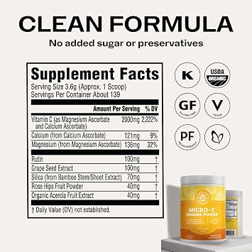 Vimergy Micro-C Immune Power TM * - 500g 139 Servings 2000mg/serving Gentle Form Antioxidant Phytonutrients Immune & Nerve Support Benefits Bone & Cartilage Gluten-Free Kosher Vegan