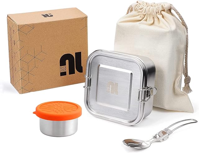 nicelock Metal Lunch Box 740ml Small Stainless Steel Lunch Box with Lid Leakproof Food Container Eco-Friendly Bento Box Snack Box Salad Sandwich Box with 100ml Sauce Pot for Adults and Kids