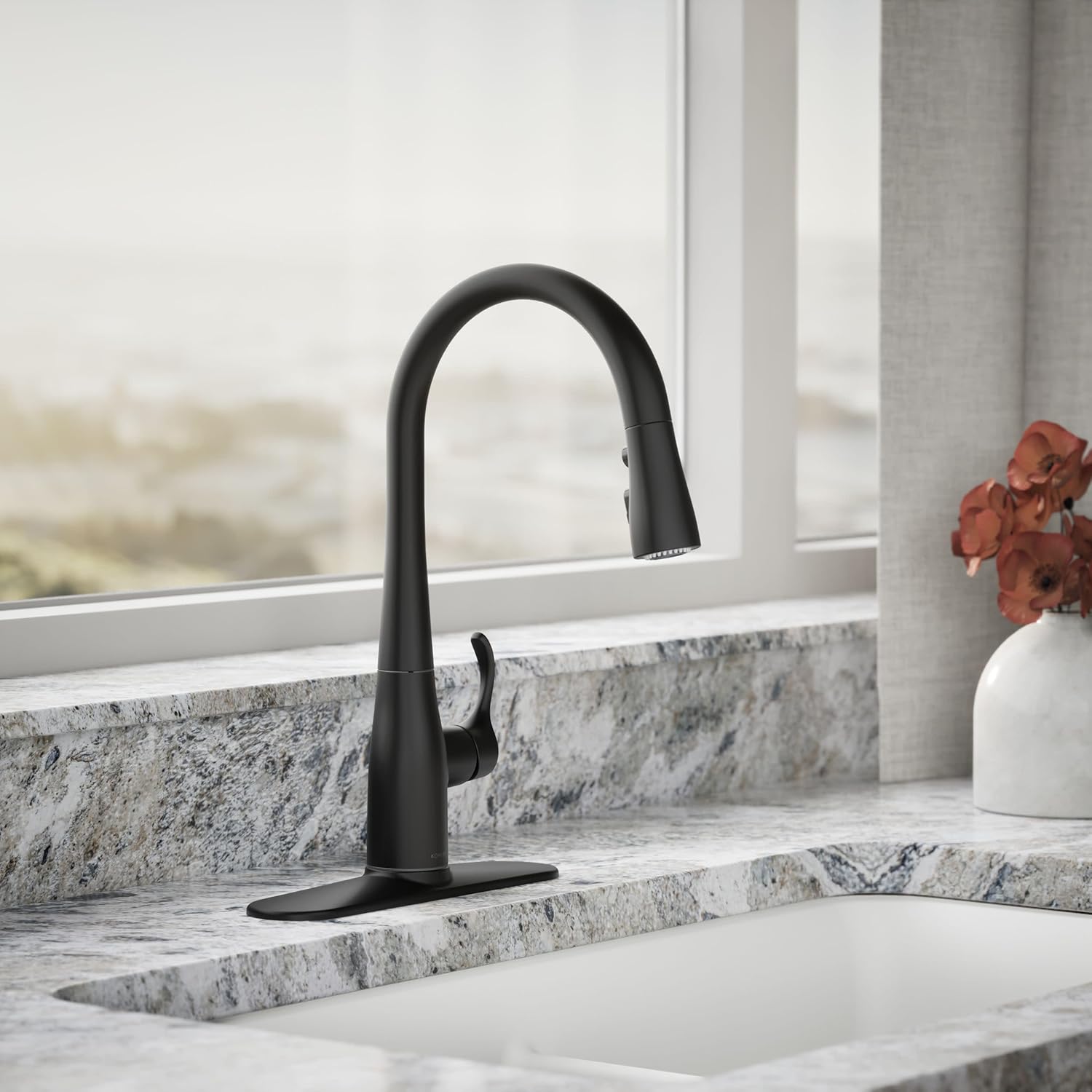KOHLER K-597-BL Simplice Pull Down Kitchen Faucet, 3-Spray Faucet, Kitchen Sink Faucet with Pull Down Sprayer, Matte Black