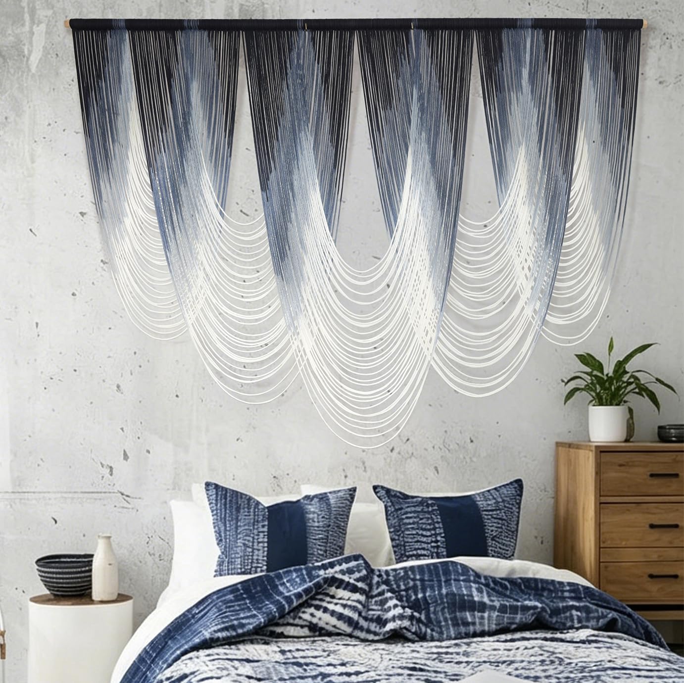 Macrame Wall Hanging Dip-Dyed Navy Blue Boho Wall Art Yarn 57" W*41" L
