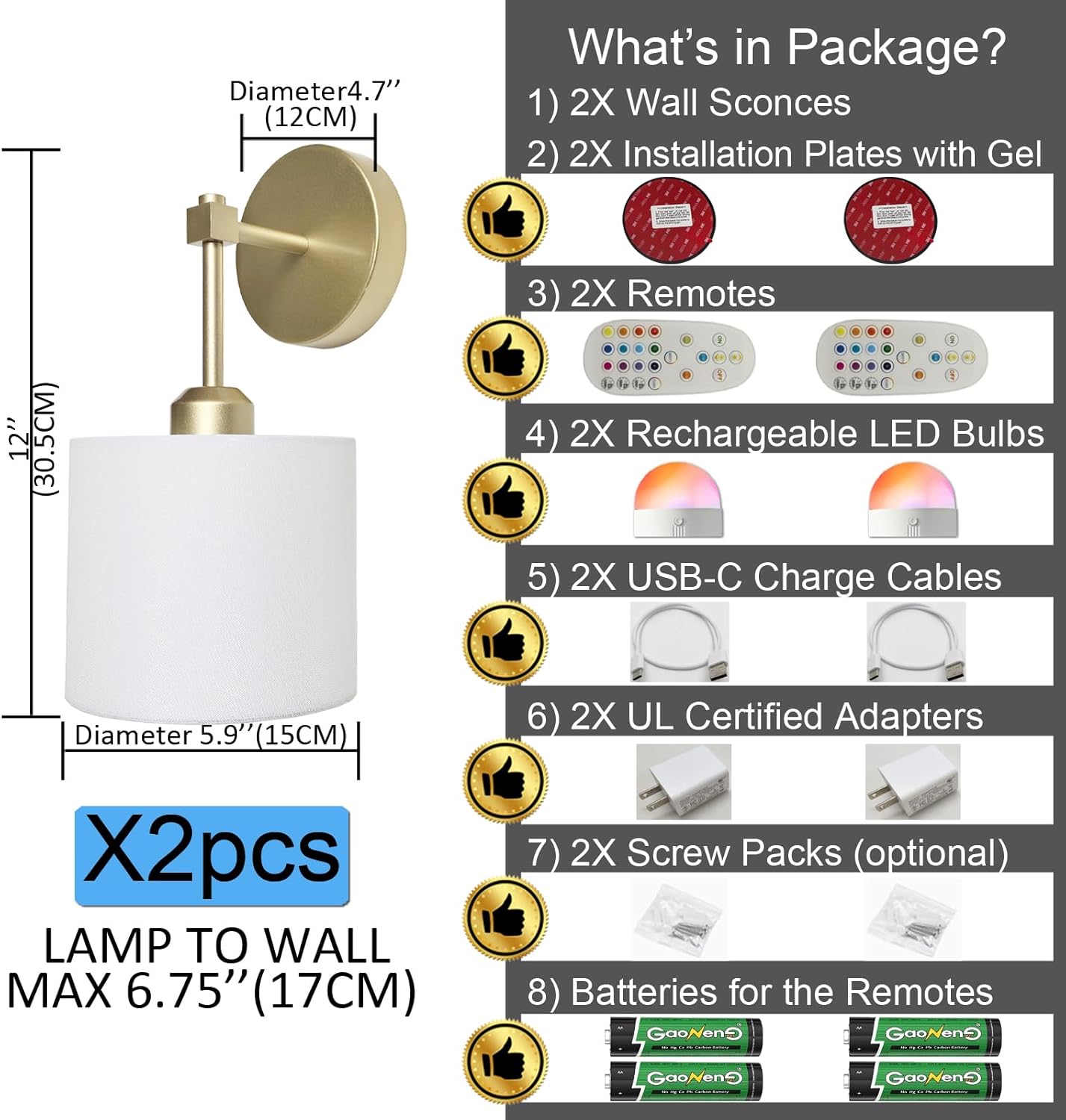 Easy Install Adhesive Battery Wall Sconces Rechargeable Gold Set of 2, No Nails Cordless Magnetic Wall Lamps Peel and Stick Decor Wall Vanity Lights for Pictures Living Room Hallway (Gold, 2-Pack)