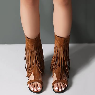 Fashion Faux Suede Tassel Roman Summer Boots for Women Round Open Toe Bohemia Fringe Booties