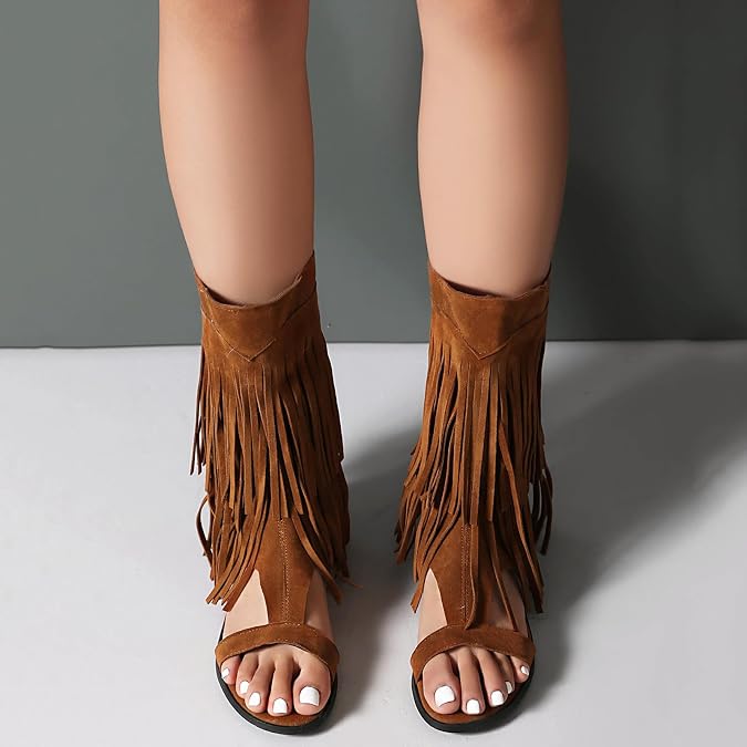 Fashion Faux Suede Tassel Roman Summer Boots for Women Round Open Toe Bohemia Fringe Booties