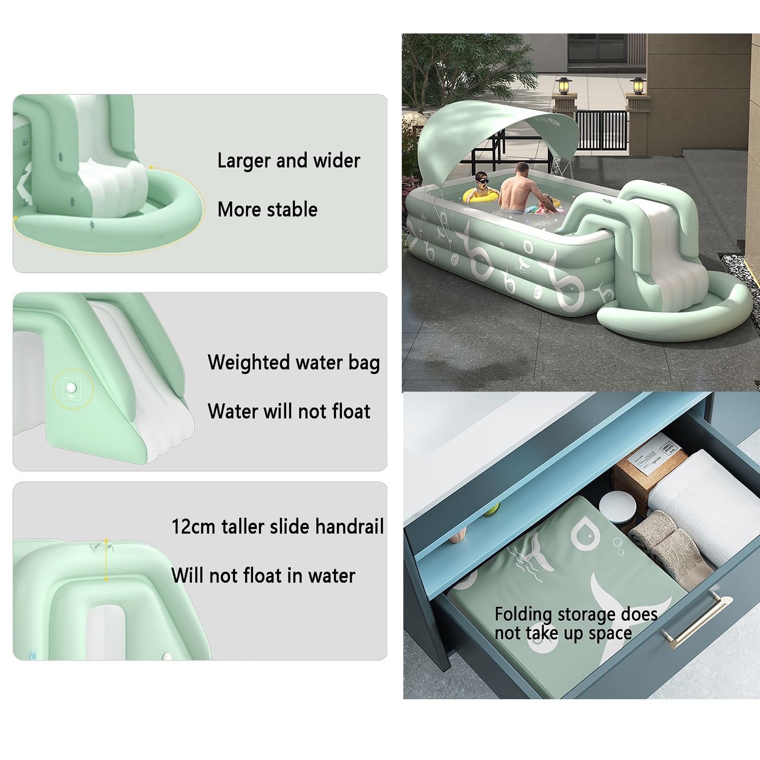 Piscina for niños, Piscina Rectangular, Piscina Hinchable con sombrilla y tobogán, Parque acuático Infantil, Piscina Hinchable de Verano, tamaño Mediano y versátil(Size:2.0m(6.56ft))