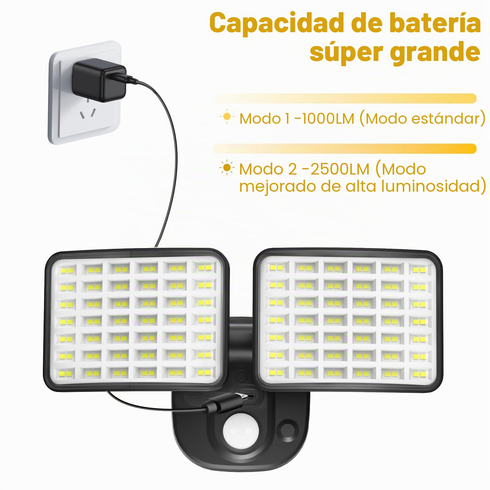 Lámpara recargable para exteriores con detector de movimiento, batería (1-3 meses de duración), foco LED con detector de movimiento para exteriores, recargable, para garaje, jardín, patio