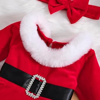 Bonangber Baby Girl Christmas Dress Santa Claus Romper Dress Red Velvet Long Sleeve Princess Tulle Dress with Headband