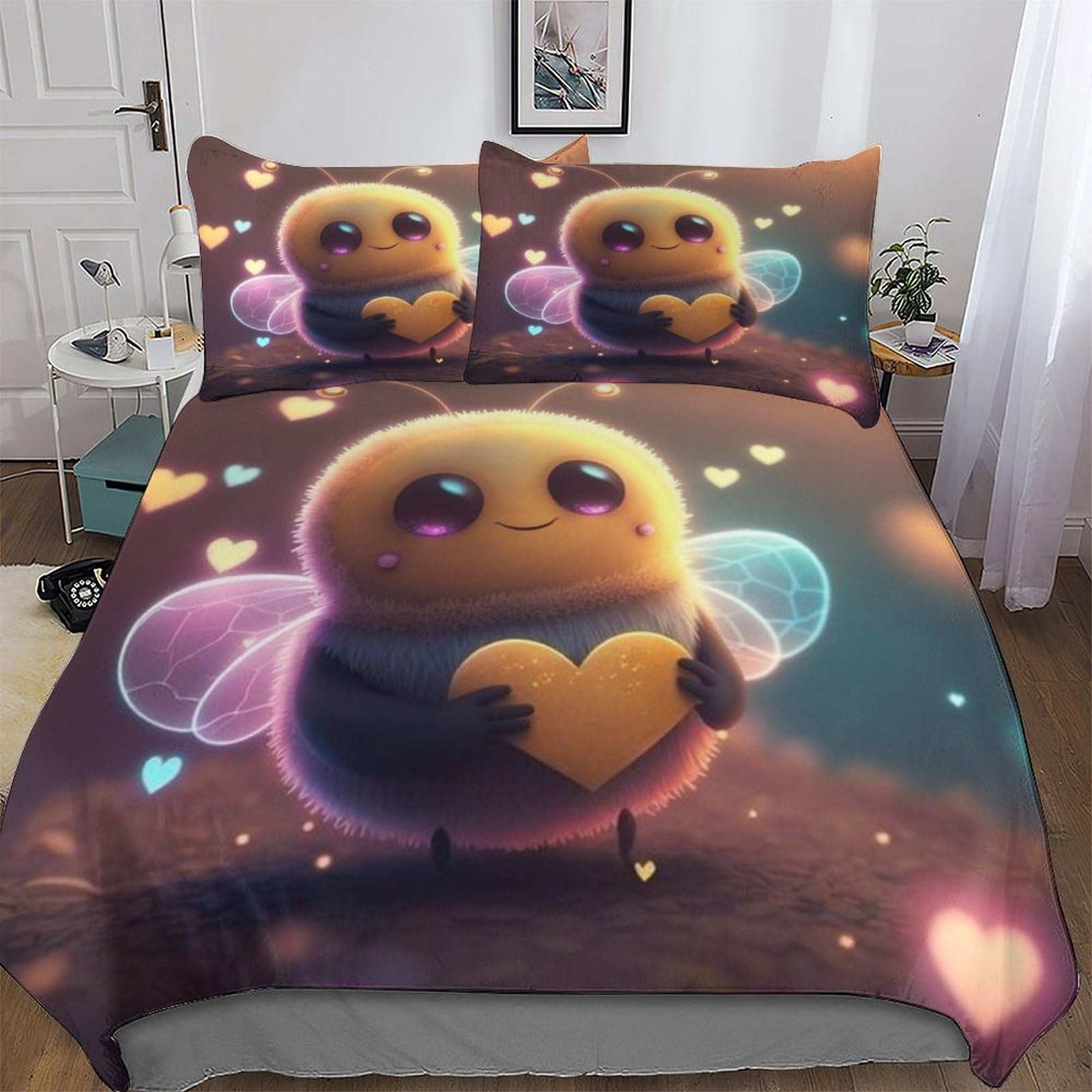 Ensemble de housse couette 3 pièces motif Abeille en microfibre pour lit enfant 220x240cm