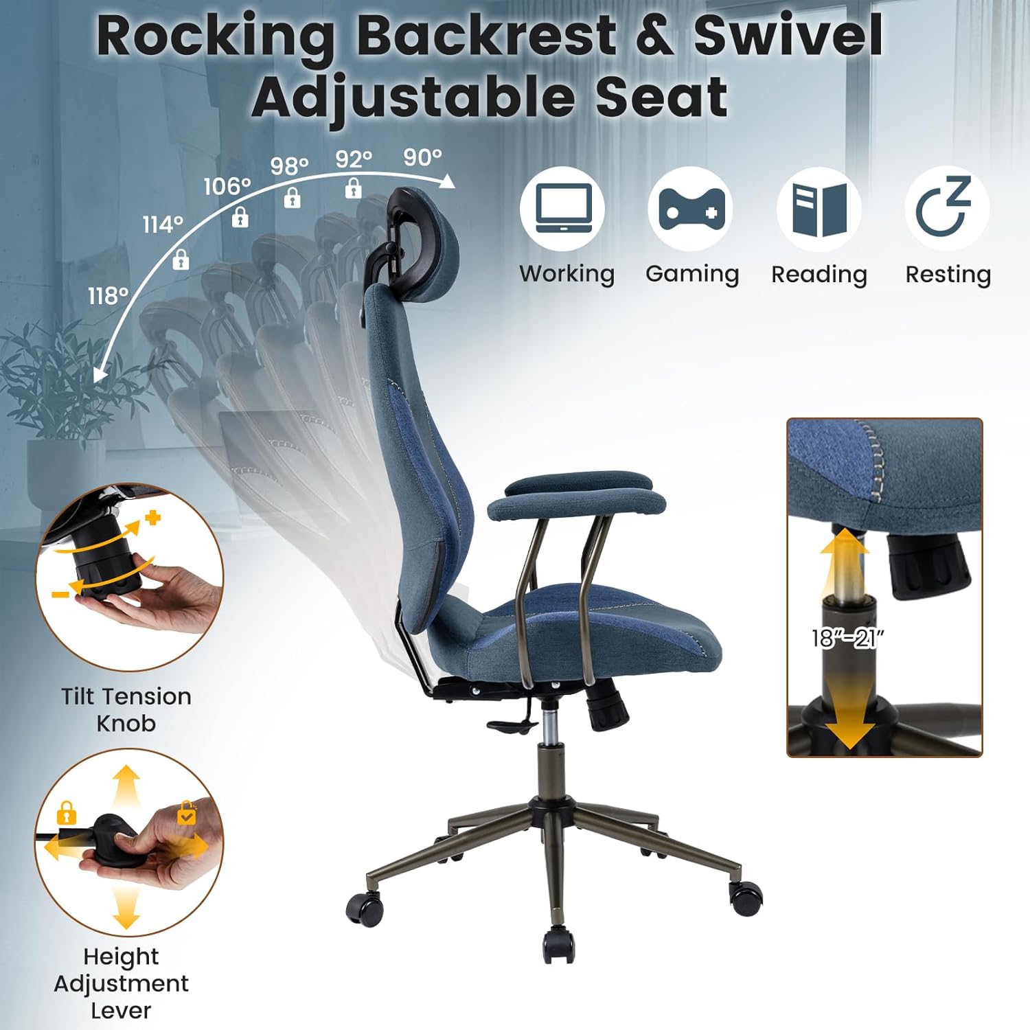 Giantex Ergonomic Office Chair, Mid Century Modern Fabric Computer Desk Chair with 2D Headrest, Rocking Backrest & Wheels, Vintage High Back Rolling Chair for Executive, Blue