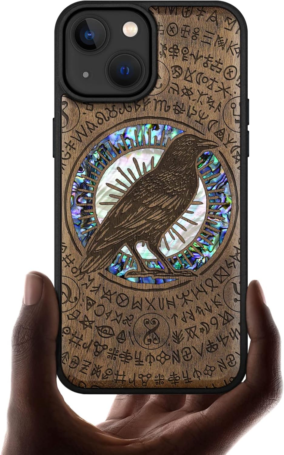 Carveit Designer Wooden Protective Magnetic Case for iPhone 14 Case [Wood Engraving & Shell Inlay] Unique Wood Phone Cover Compatible with iPhone 14 MagSafe 6.1 Inch (Viking-Rosy)