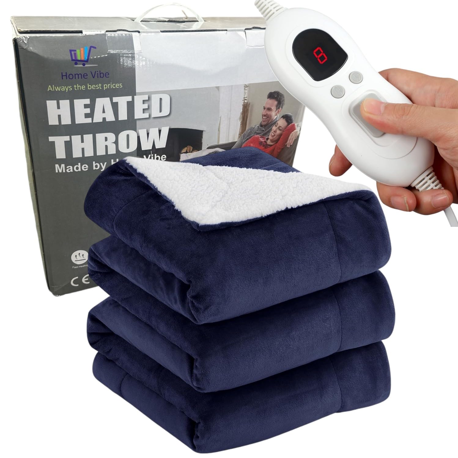 HomeVibe Heated Throw Blanket - Navy Blue, Soft Electric Fleece with 8 Heat Settings, Fast Heating & Overheat Protection, Machine Washable, Perfect for Sofa or Bed