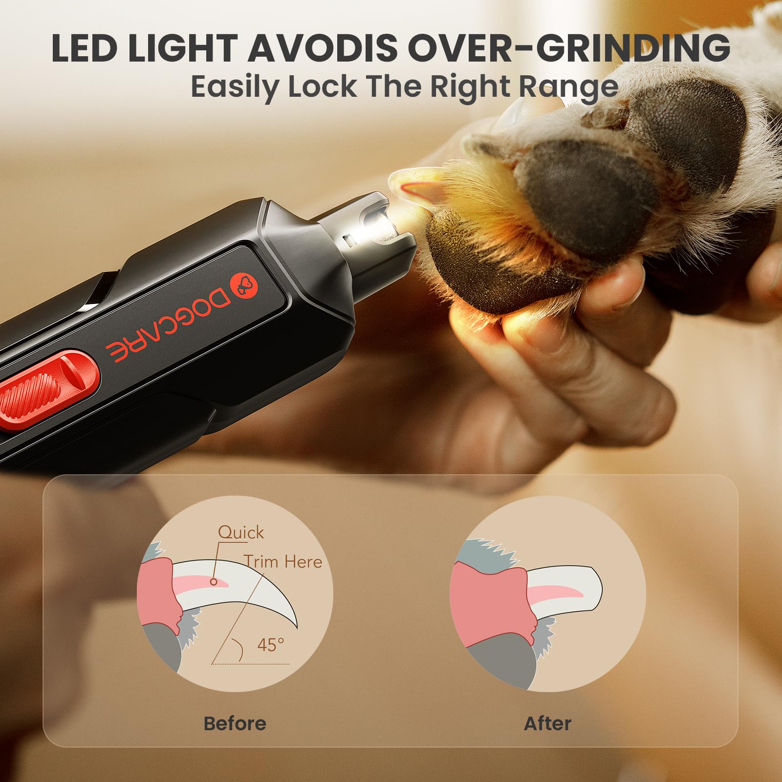 DOG CARE Dog Nail Grinder, Ultra Quiet Dog Nail Trimmers with LED Light & 2 Speeds, Rechargeable Cordless Pet Nail Grinder for Small Medium Large Dogs Cats, Professional Painless Pet Claw Grooming Kit - image 5