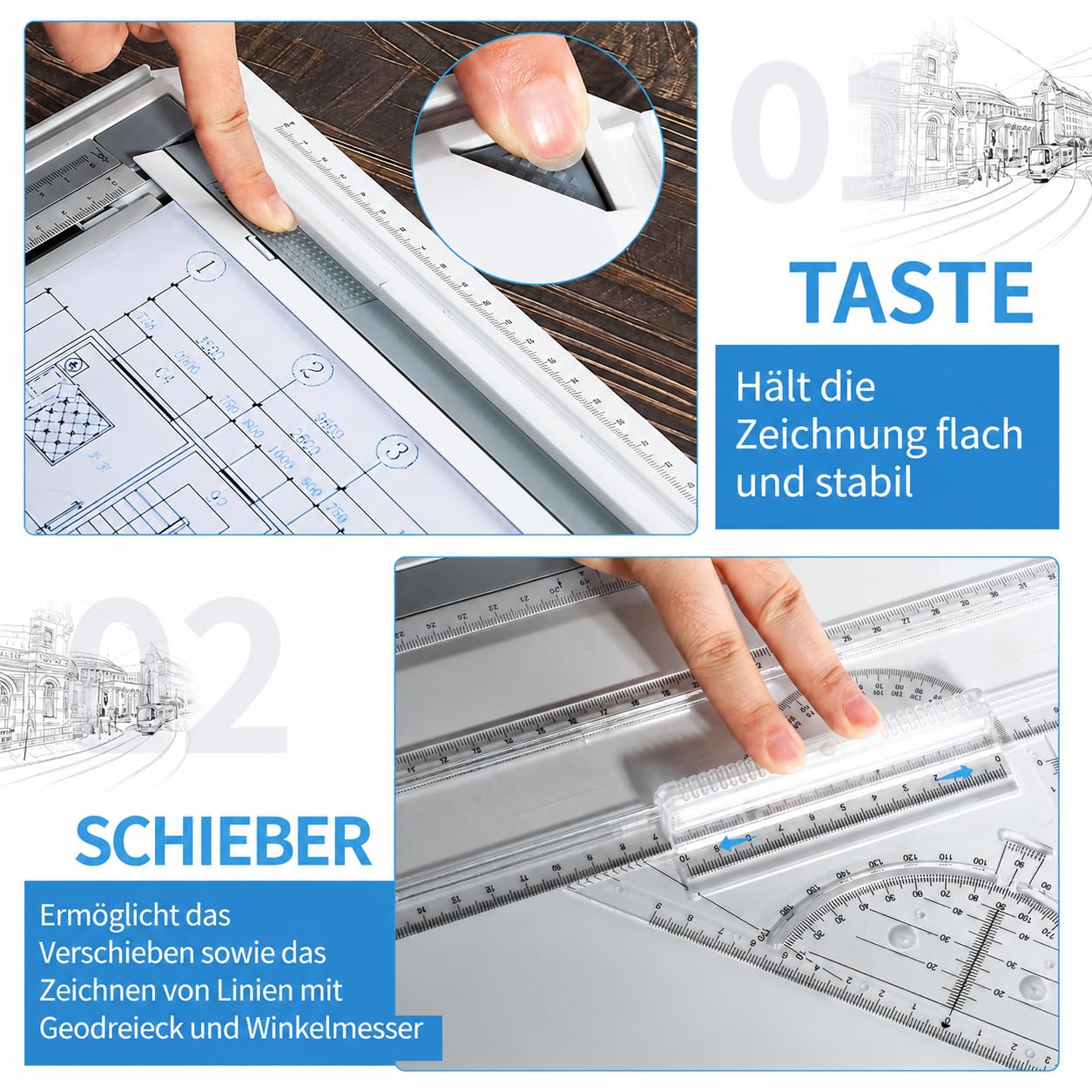 Multifunktions Zeichenplatte A3 Set, DIN A3 Zeichenplatte mit Zeichnungswerkzeuge Zirkel Zeichenstift und Stiftpackung Zeichenplatte Geo-Board für Office Arbeiten Ingenieure Designer Studenten Studium