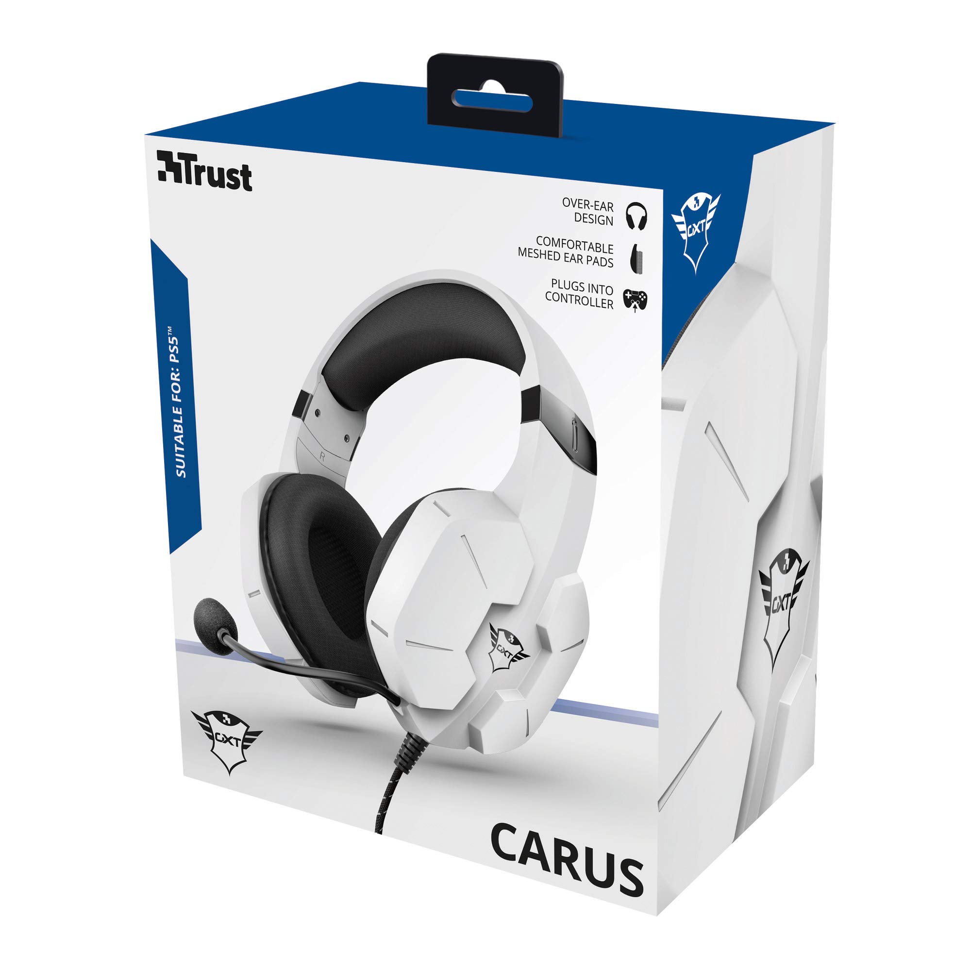 Trust Gaming Cuffie PS4, PS5, PlayStation 4/5 GXT 323W Carus con Microfono Flessibile, 3.5 mm Jack, Filo, Over Ear, Controllo del Volume ed Esclusione Audio del Microfono - Bianco