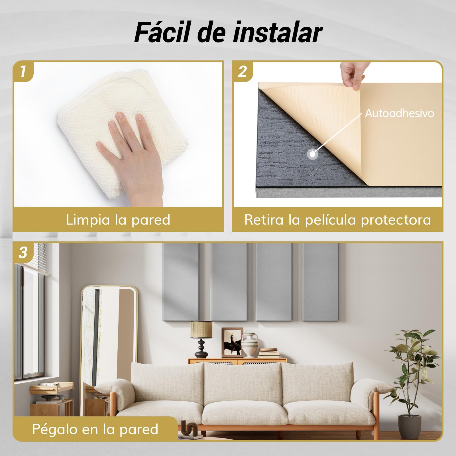 TONOR 4 PCS Grande Espuma Acústica Paneles，90x30x6 cm，Paneles Acústicos de Fibra de Vidrio 3D con Autoadhesivo Completo, Panel Pared Decorativo, para Estudio, Sala de Estar, Hogar, Oficina, Gris