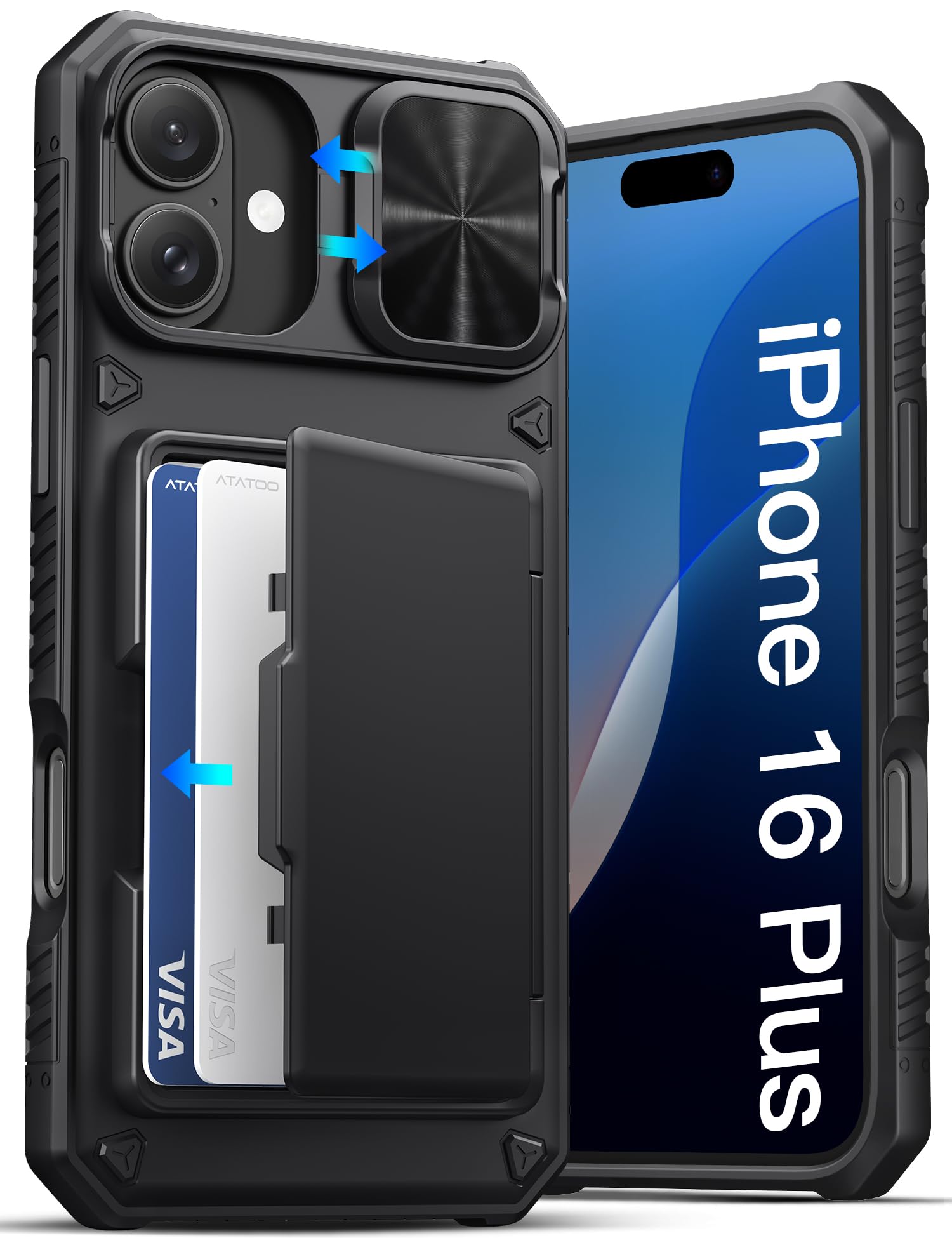 ATATOO for iPhone 16 Plus Case Wallet with Card Holder (3-5 Cards), Black