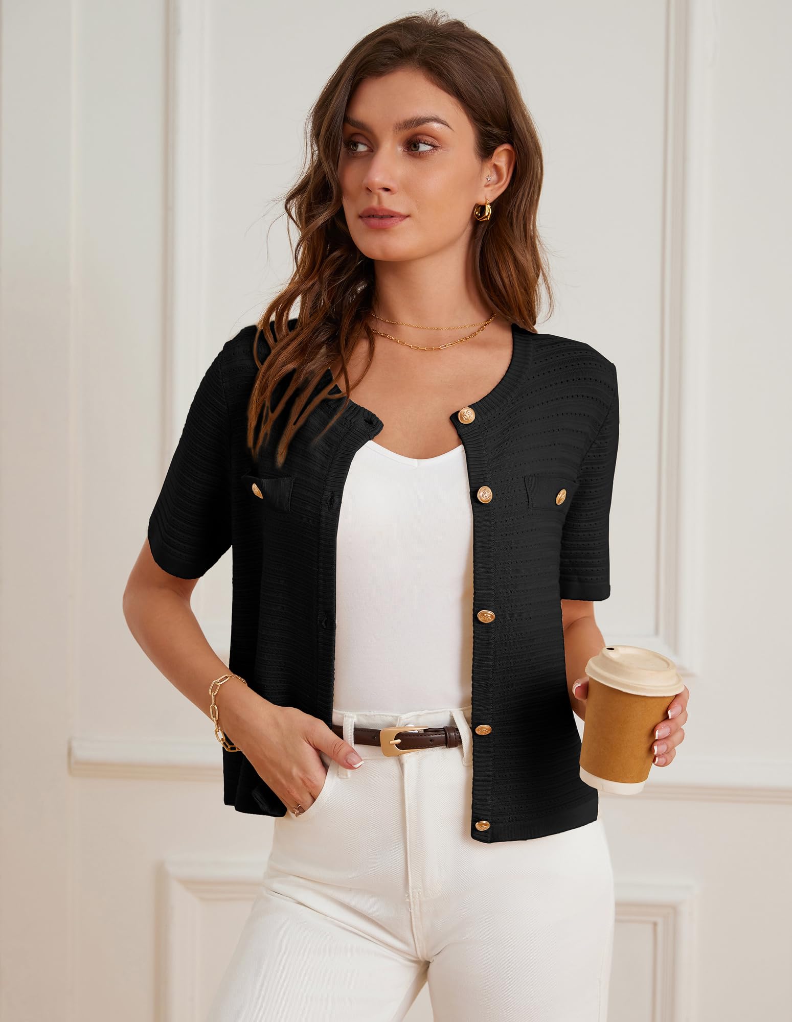 GRACE KARIN Cárdigan de punto con botones y bolsillos para mujer, con parte delantera abierta, con textura