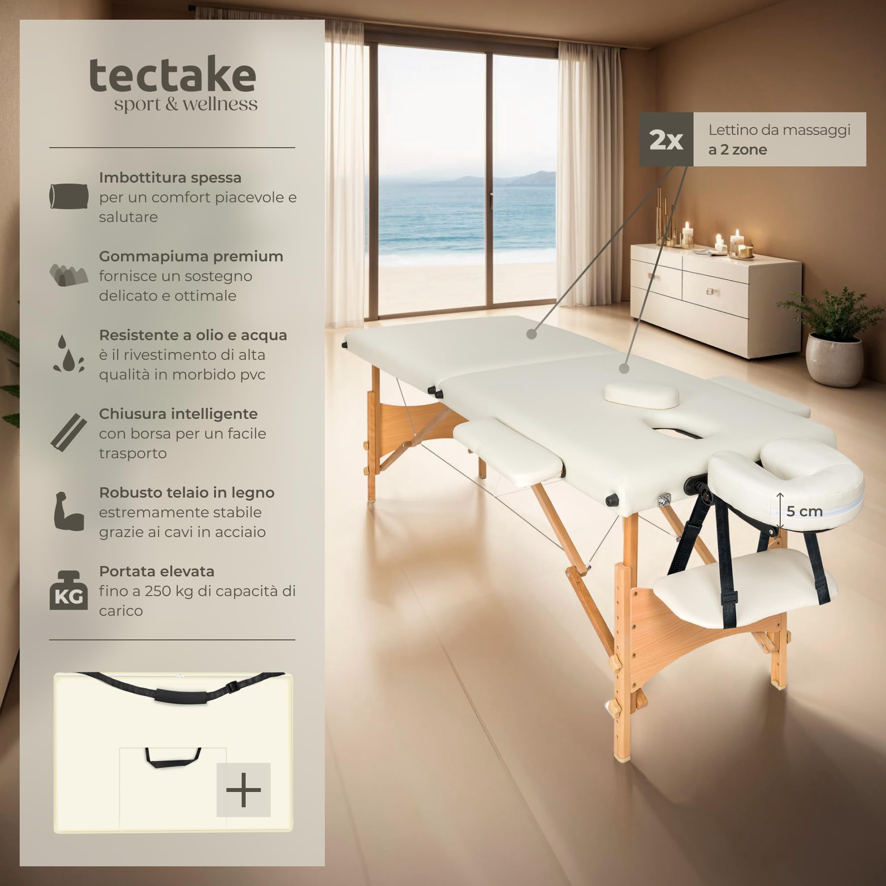 tectake® Lettino Massaggi Portatile 2 Zone, Pieghevole, Poggiatesta Rimovibile, Rivestimento Idrorepellente, Bracciolo Comodo, Pulizia Igienica Facile, Estetista, Max 210x95x84cm, Peso 14kg - Beige