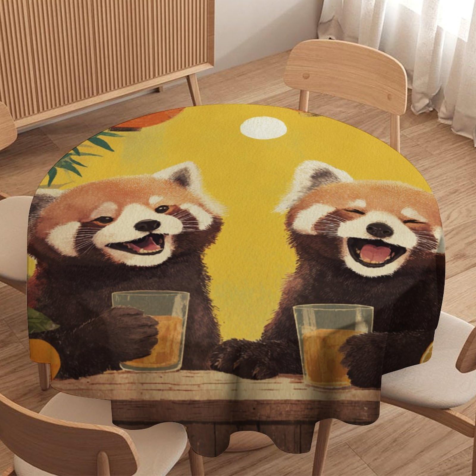 LUYYSKY Cute Abstract Red Panda Waterproof Round Tablecloth Colorful Vintage Botanical Plants Animals Red Pandas Pattern Washable Table Cover for Kitchen-127 Wx127 L cm