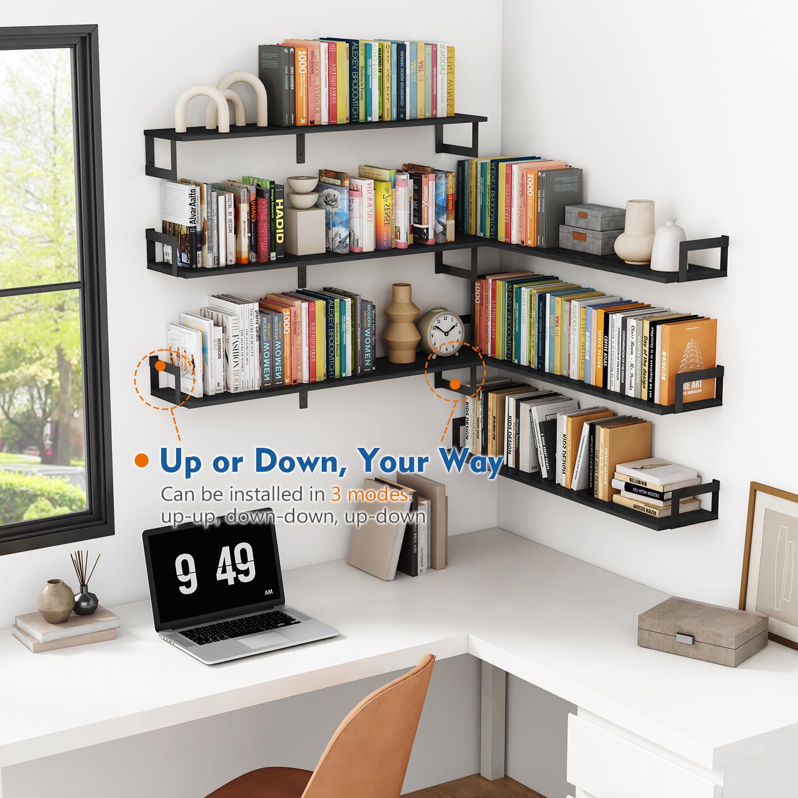 Harwaya Juego de 3 estantes flotantes grandes para libros de pared, estante de montaje en pared de 36 pulgadas de largo para dormitorio, estantería colgante de madera resistente para libros
