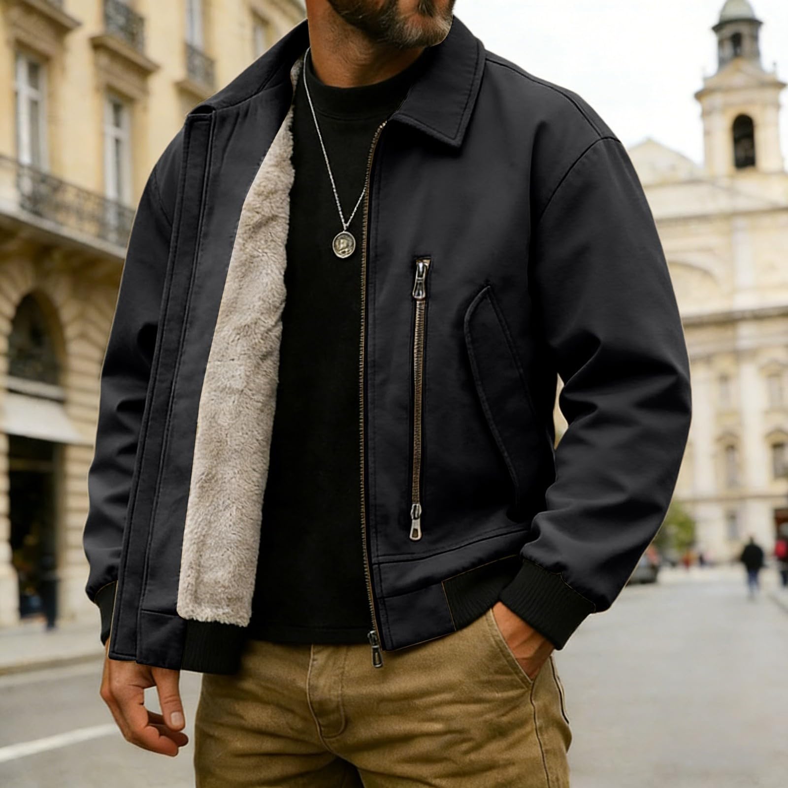 Générique Giacca da uomo Giacca in velluto a maniche lunghe a taglio sciolto con colletto imbottito fodera traspirante estensibile giacca moto retrò chic elegante casual urbano metà stagione primavera