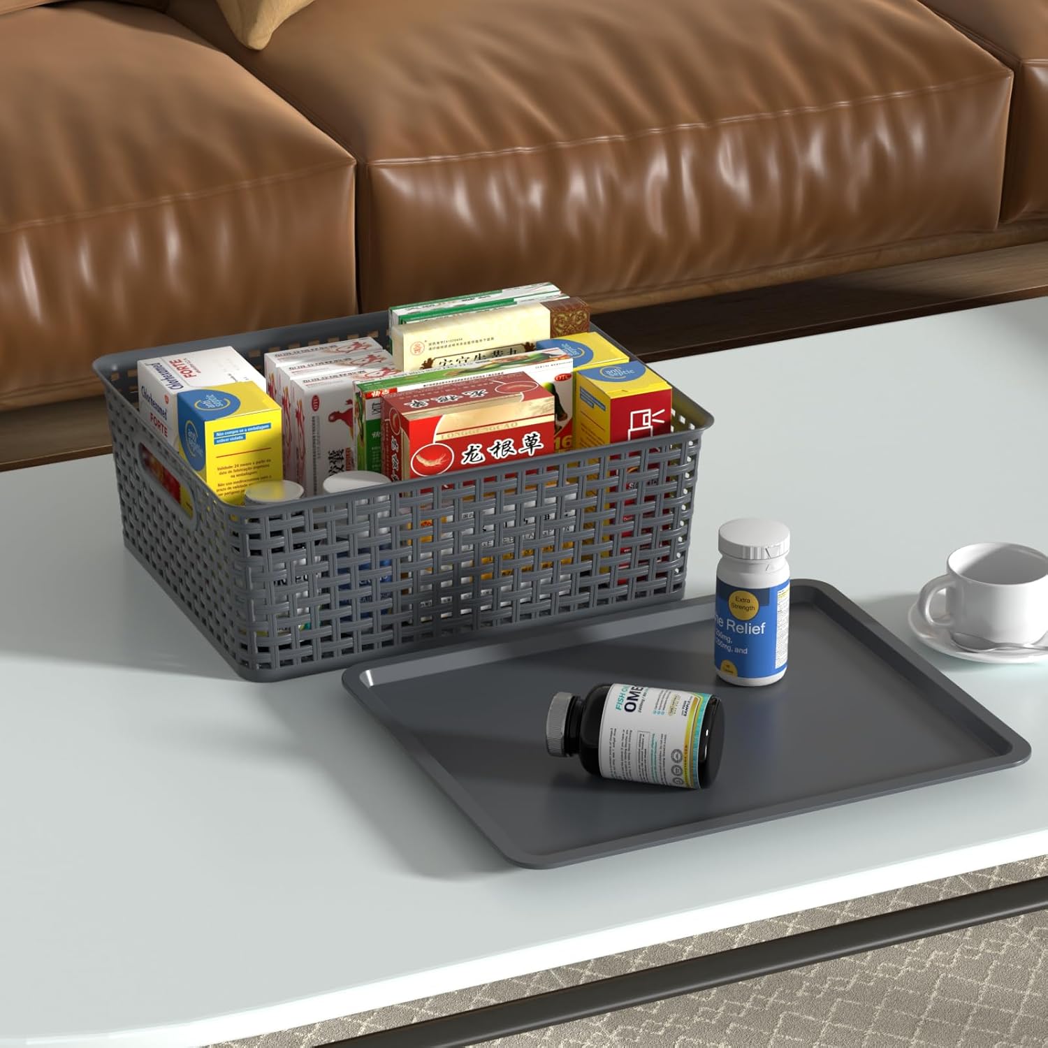 Hespama 6 Pack Plastic Woven Baskets, Stackable Storage Basket with Lid, Dark Grey