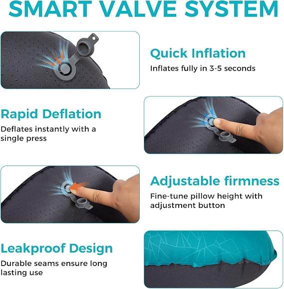 ATEPA Ultralight 90g Inflatable Backpacking Pillow, Tiny Packable Hiking Pillow, Compact Waterproof Air Pillow for Camping Travel, Ergonomic Neck Support, Leak-Proof Valve, Blue