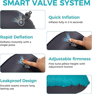 ATEPA Ultralight 90g Inflatable Backpacking Pillow, Tiny Packable Hiking Pillow, Compact Waterproof Air Pillow for Camping Travel, Ergonomic Neck Support, Leak-Proof Valve, Blue
