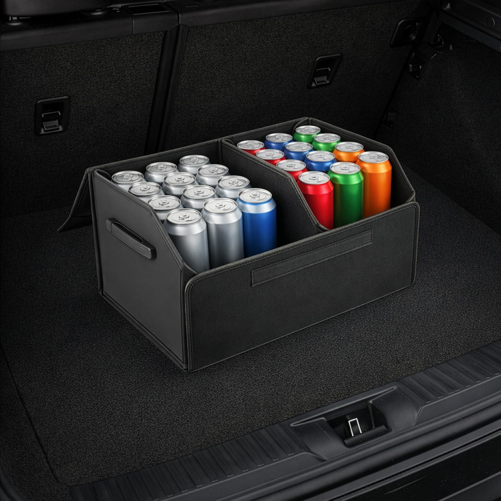 Auto Kofferraum Organizer faltbar mit Deckel wasserabweisende Aufbewahrungsbox aus Kunstleder verschleißfest mit Griffen für SUV Limousine Camping Einkauf Haushalt (M: 54 x 29.5 x 34 cm)