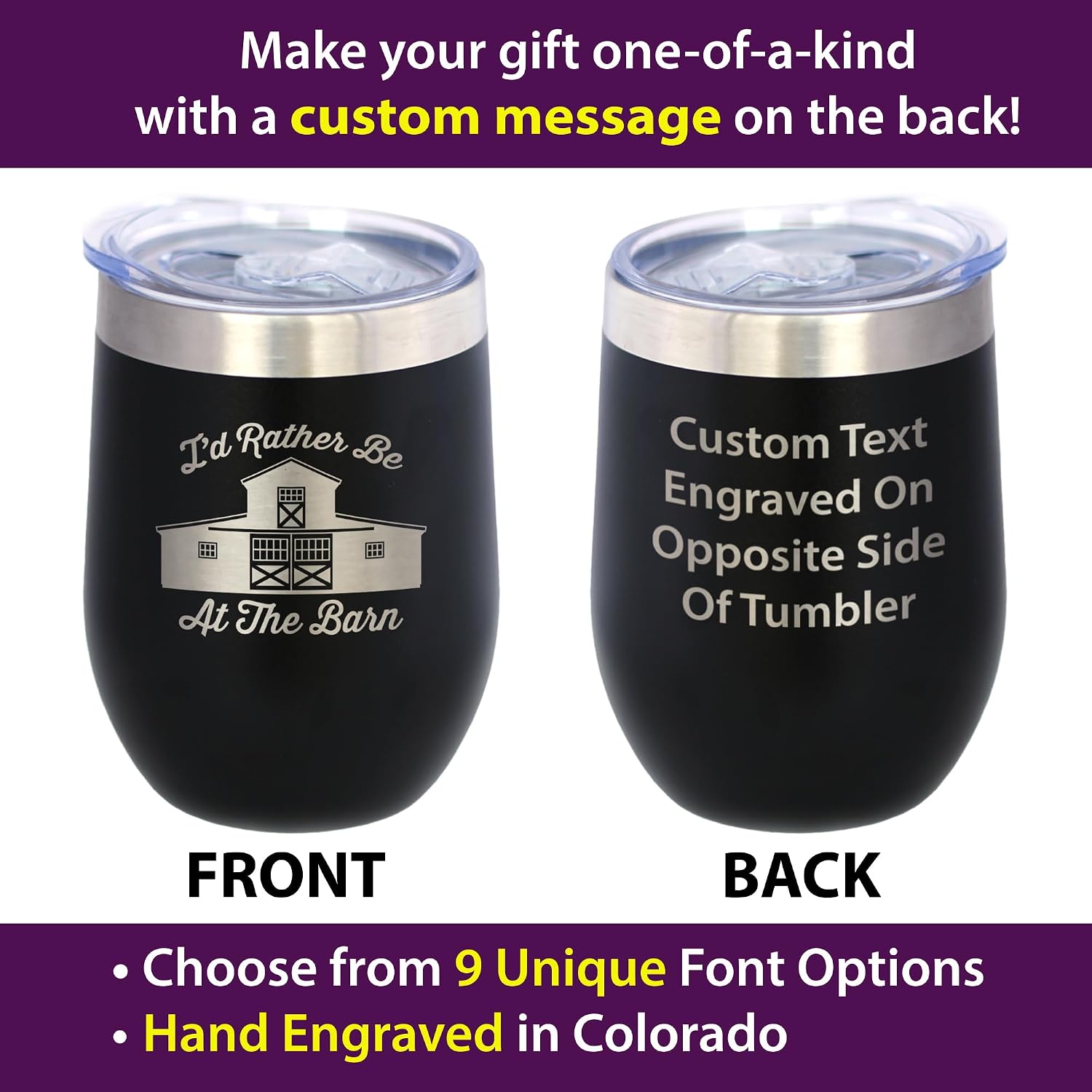 Custom Rather Be At Barn - Personalized Wine Tumbler Cup with Sliding Lid - Stainless Steel Insulated Mug - Farmhouse Gifts & Decor