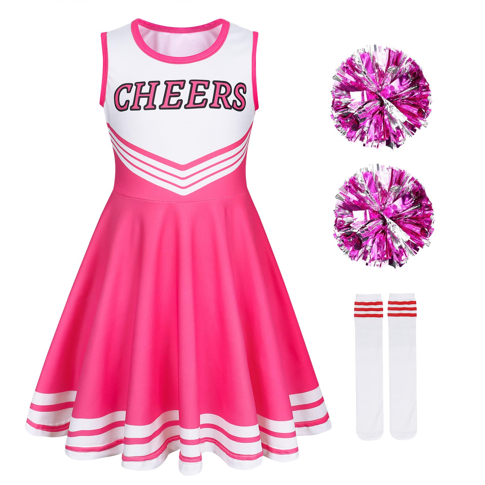 Berich Cheerleader Outfit Kids Dress Up with Pompoms Socks Princess Costumes for Girls Halloween Uniform Outfit Therm Party Clothing Girls Cheerleader Costume Pink 10-11 Years,150