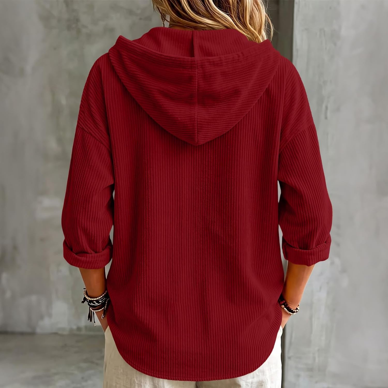 Women's Ribbed Hooded Button Down Shirt Long Sleeve Oversized Top