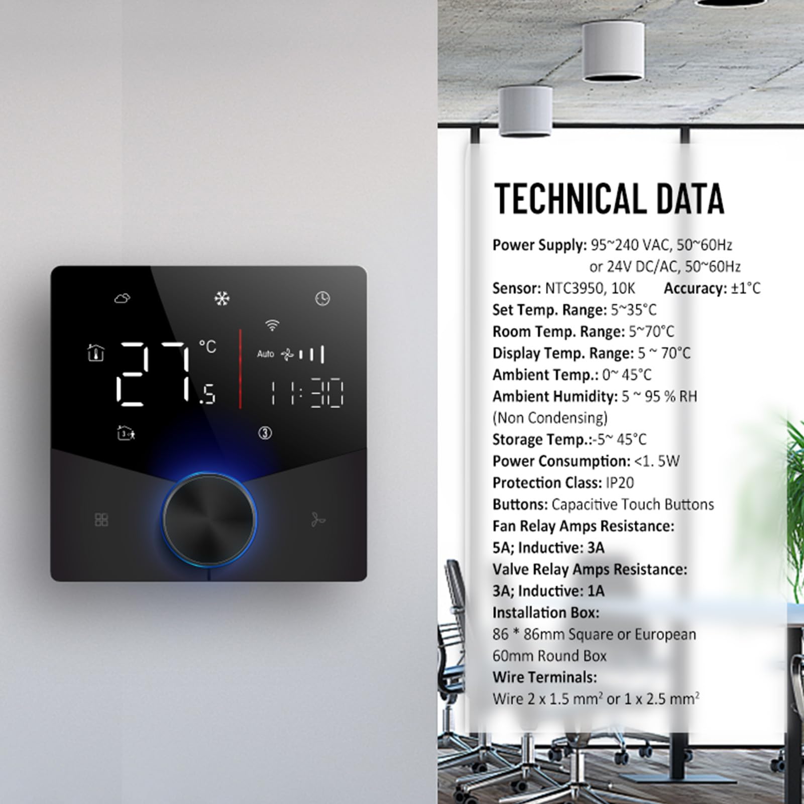 Panel sterowania klimatyzacją 2-rurowy, cyfrowy sterownik termostatu HVAC z ekranem dotykowym Programowalny biały (Czarny)