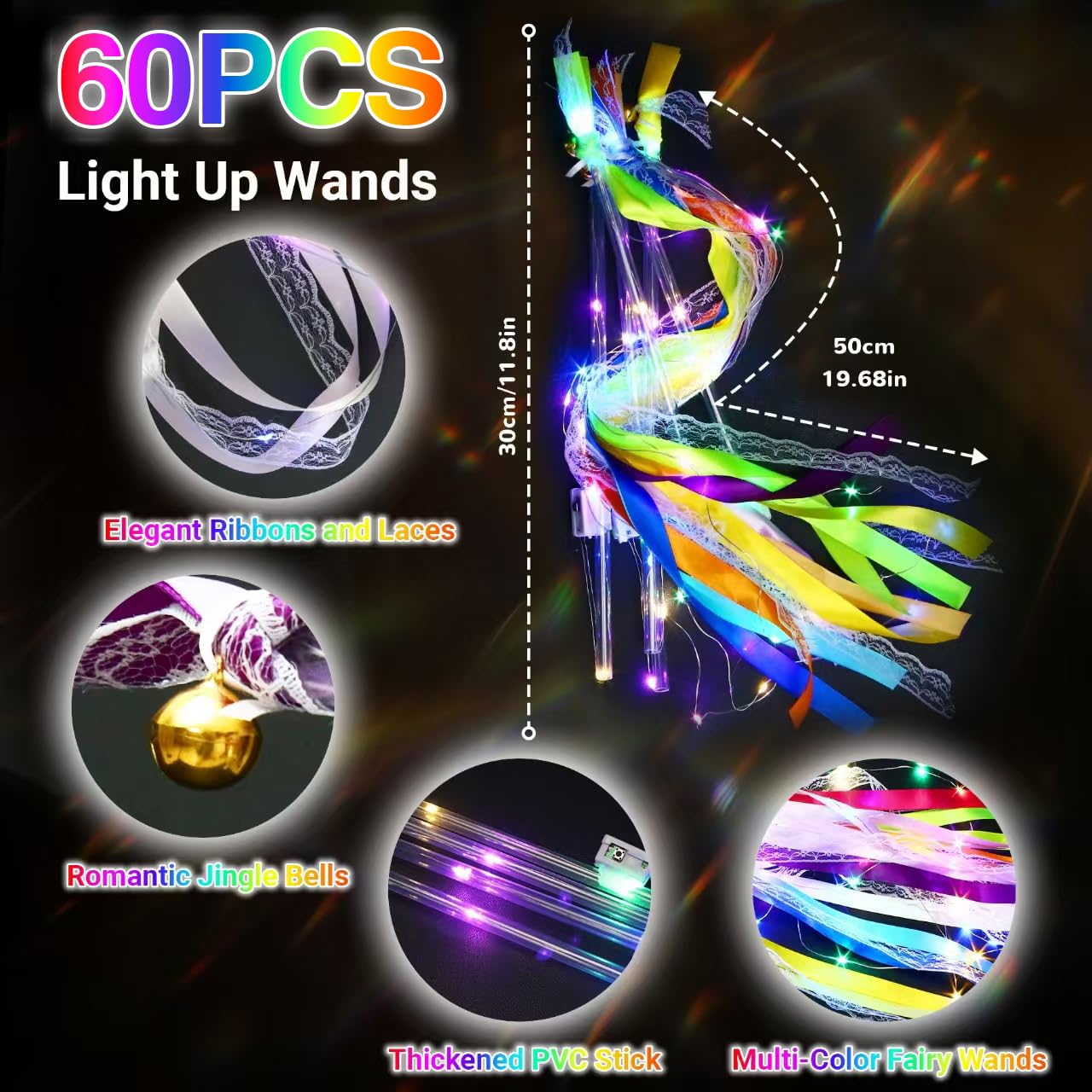 60 varitas iluminadas, cintas de boda con 3 modos intermitentes, varitas de hadas de seda LED con campanas para recuerdos de boda, Pascua, 4 de julio, decoración de cumpleaños (colorido)