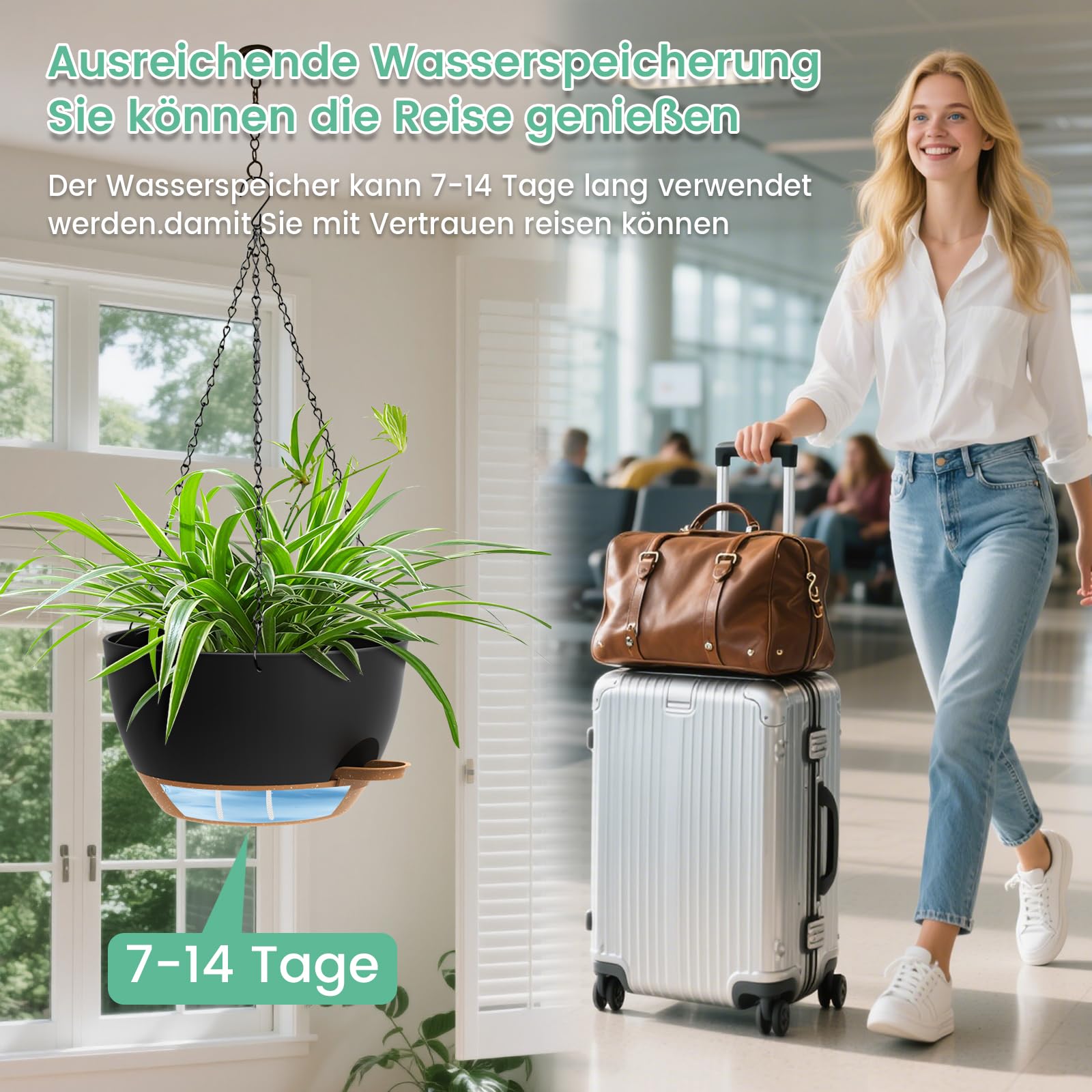 Homeuouz Juego de 2 maceteros colgantes autoregantes de 25 cm – Maceta colgante para interior y exterior, macetas colgantes con drenaje para balcón, salón, cocina, color negro con marrón